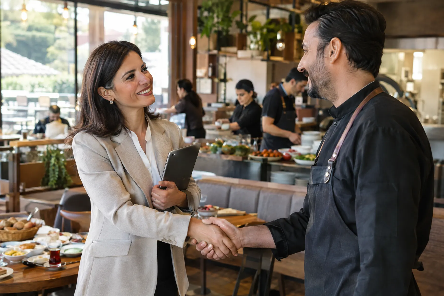 Restoran şubesinde şube müdürüyle tokalaşan bölge müdürü
